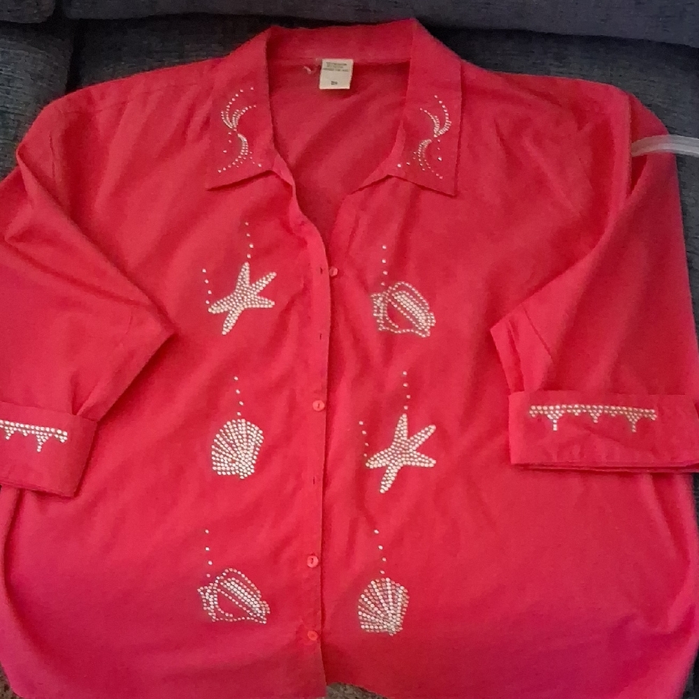 Red Button-Up Shirt with Sea Shell Embellishments